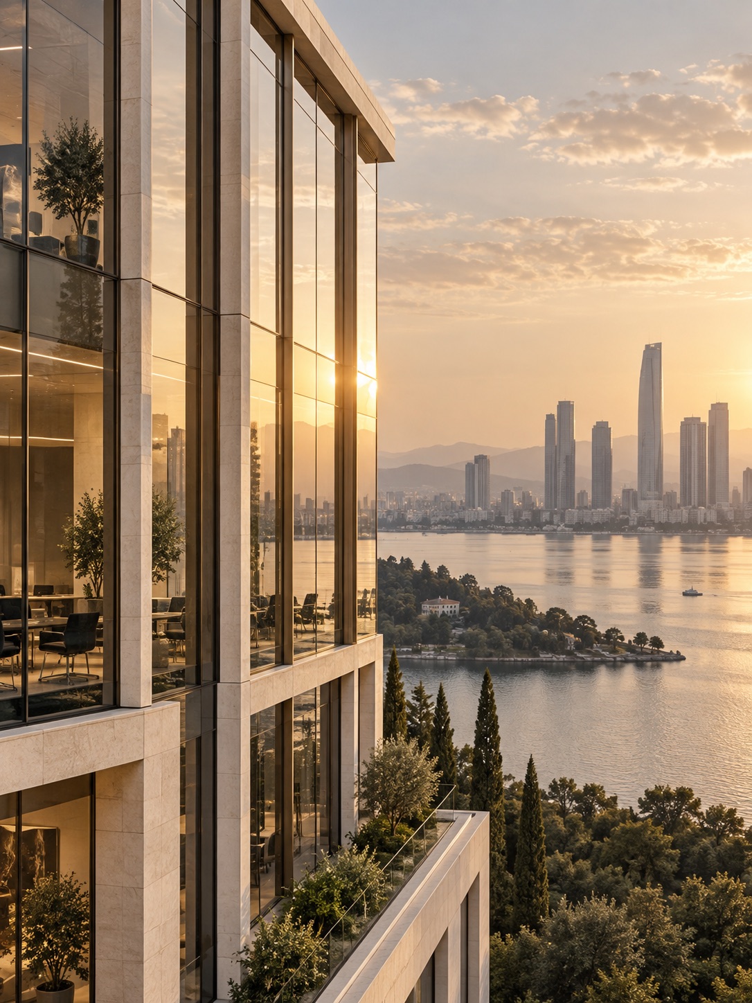 Illustrative modern glass architecture in warm evening light